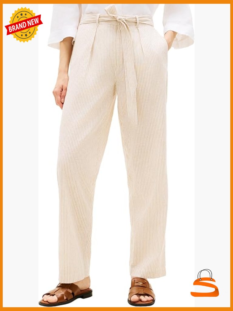 Linen Tapered Fit Pants With Belt, High Rise Striped Casual Bottoms
